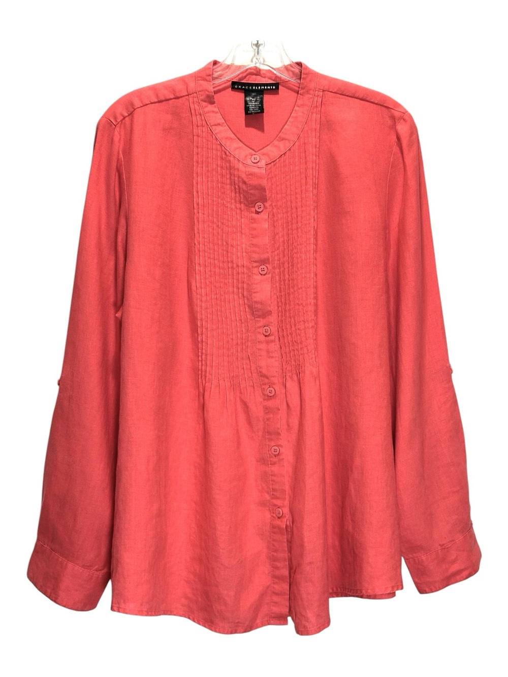 Grace Elements Salmon Linen Button-up Tunic w/ Pin-tuck Details - Extra Large